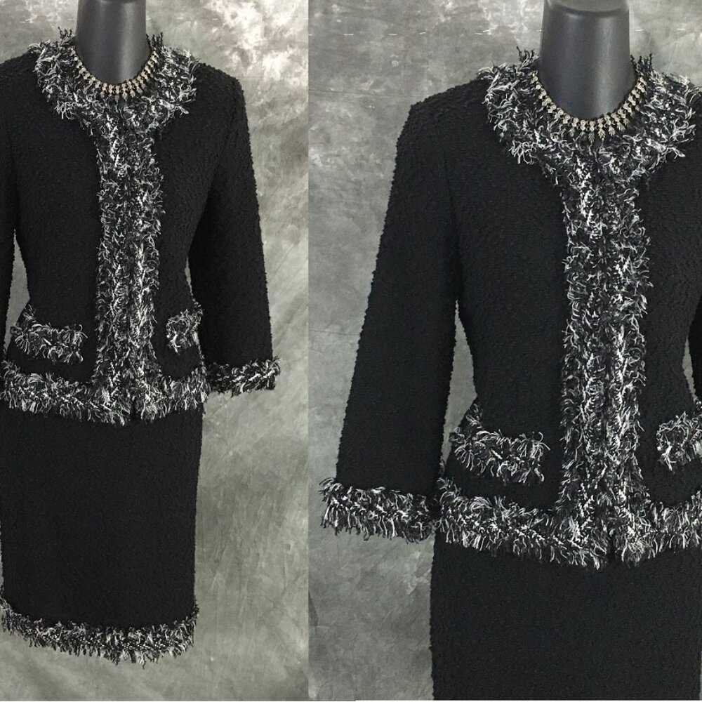 BEAUTIFUL St John knit black white fringe jacket skirt suit size 2
